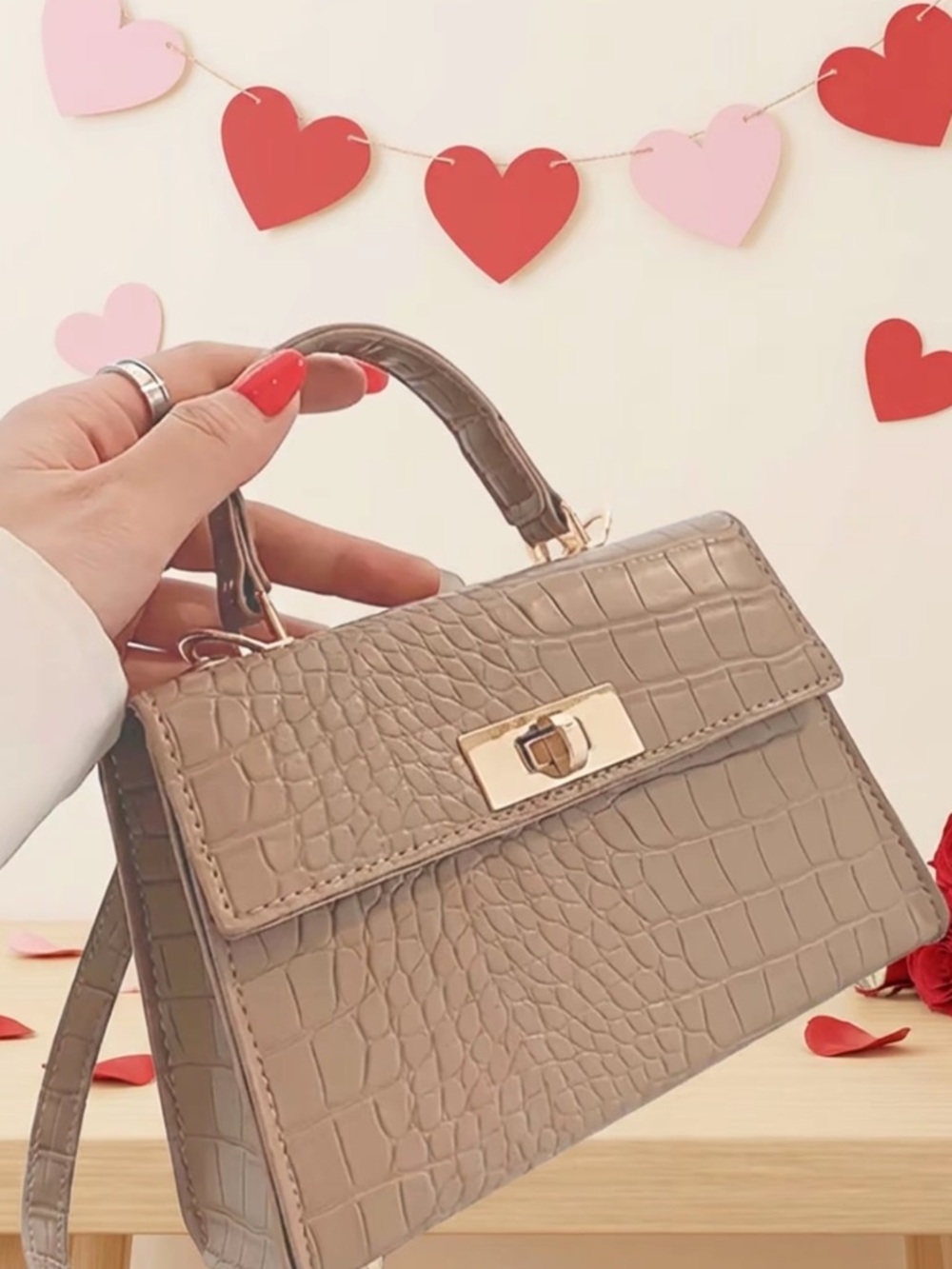Croc-Embossed Taupe Top Handle Satchel with Gold Hardware